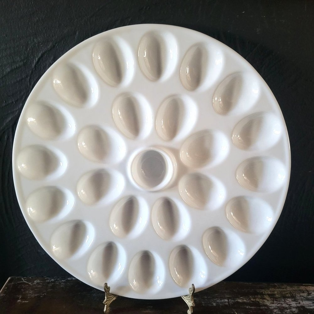 Large White Round 24 Deviled Egg Platter Tray With Center Dip Section